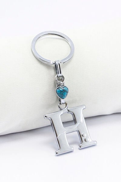 Firuze Taşlı Kalpli Gümüş Renkli Metal H Harfi Anahtarlık / Harfli Çanta Süsü