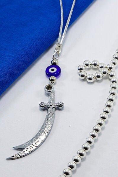 Shiny Navy Blue Glass Flat Evil Eye Bead Zulfiqar Sword Car Rearview Mirror Ornament