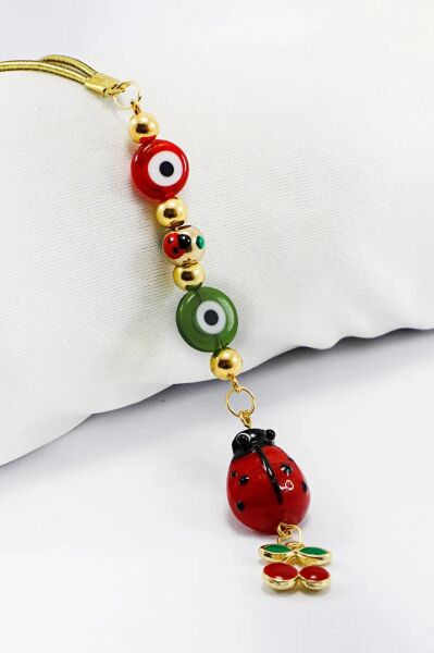 Flat Glass Evil Eye Beaded Cherry Red Ladybug Car Rearview Mirror Ornament