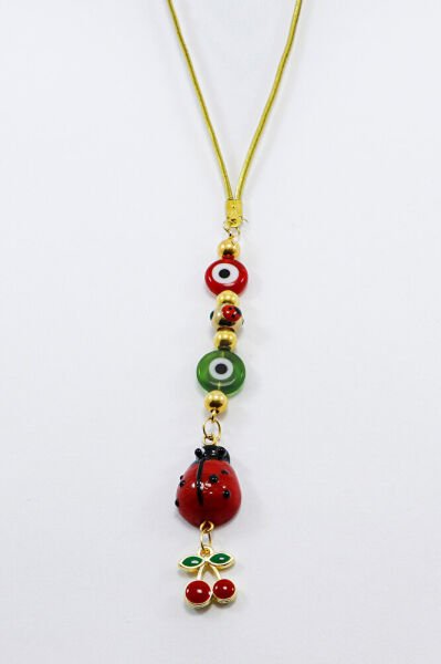 Flat Glass Evil Eye Beaded Cherry Red Ladybug Car Rearview Mirror Ornament