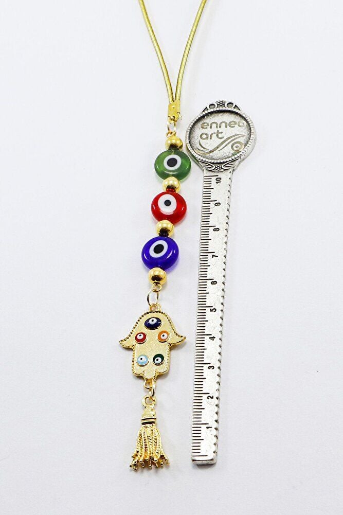 Renkli Cam Yassı Nazar Boncuklu Mineli Püsküllü Hamse Eli Araba Dikiz Ayna Süsü