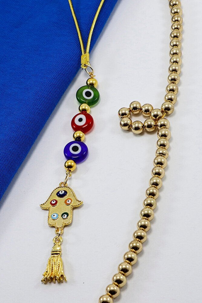 Renkli Cam Yassı Nazar Boncuklu Mineli Püsküllü Hamse Eli Araba Dikiz Ayna Süsü