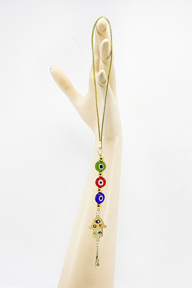 Renkli Cam Yassı Nazar Boncuklu Mineli Püsküllü Hamse Eli Araba Dikiz Ayna Süsü