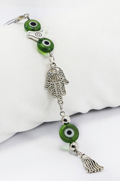 Green Glass Evil Eye Beaded Bird Tassel Hamsa Hand Car Rearview Mirror Ornament