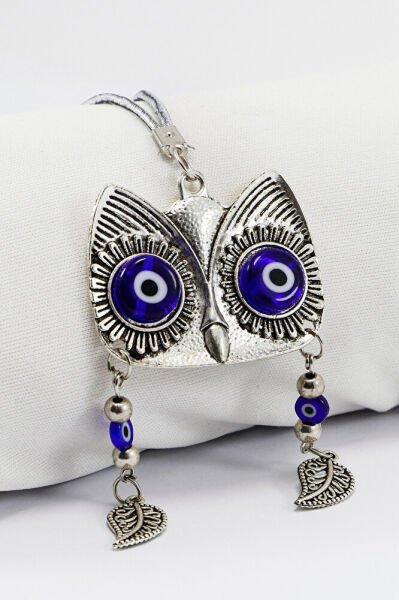 Navy Blue Handmade Glass Evil Eye Bead with Eyes, Wisteria Leaves and Owl Car Rearview Mirror Ornament