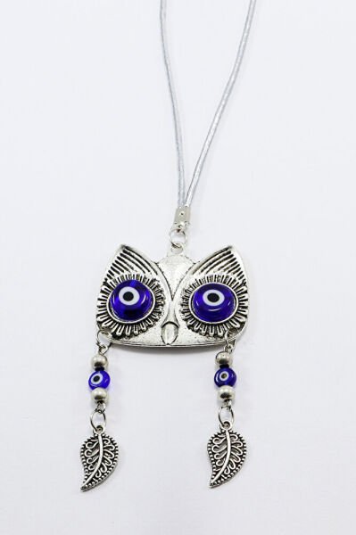 Navy Blue Handmade Glass Evil Eye Bead with Eyes, Wisteria Leaves and Owl Car Rearview Mirror Ornament