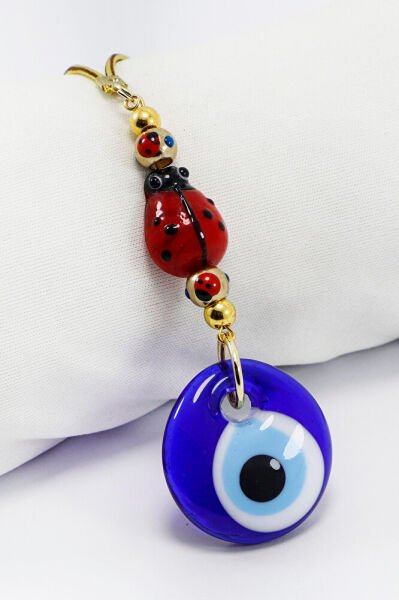 Handmade Glass Ladybug and Dark Blue Evil Eye Beaded Car Rearview Mirror Ornament, New Car Gift
