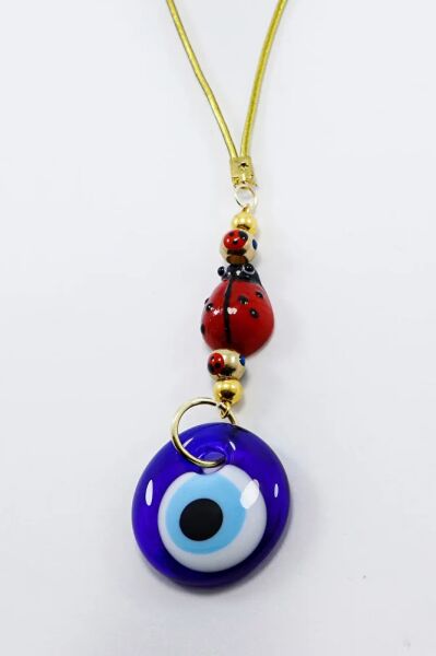 Handmade Glass Ladybug and Dark Blue Evil Eye Beaded Car Rearview Mirror Ornament, New Car Gift