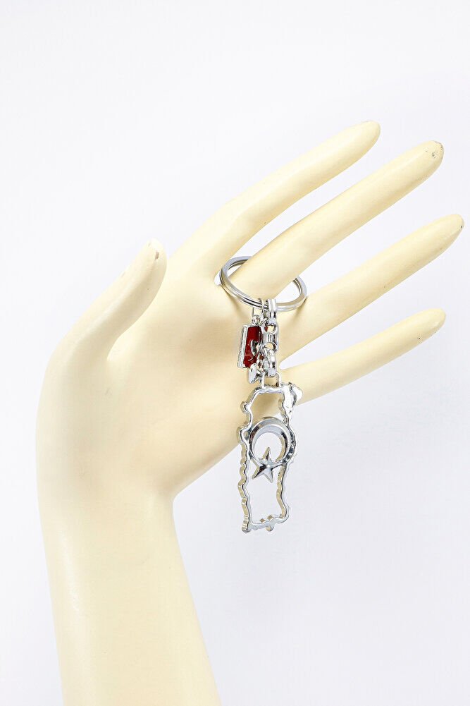 Ajurlu Gümüş Renk Metal Türkiye Haritası Anahtarlık, Metal Kalp Detaylı Hediyelik Anahtarlık