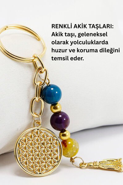 Doğal Taşlı Metal Yaşam Çiçeği Anahtarlık, Renkli Akik Taşlı Araba Hediyesi