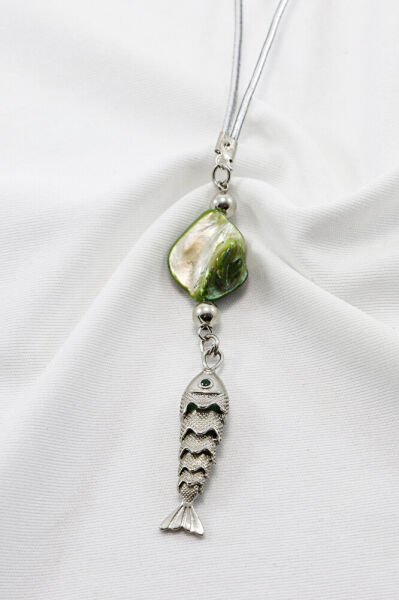 Mother of Pearl Green Stone and Silver Plated Green Shiny Stone Fish Car Rearview Mirror Ornament Gift