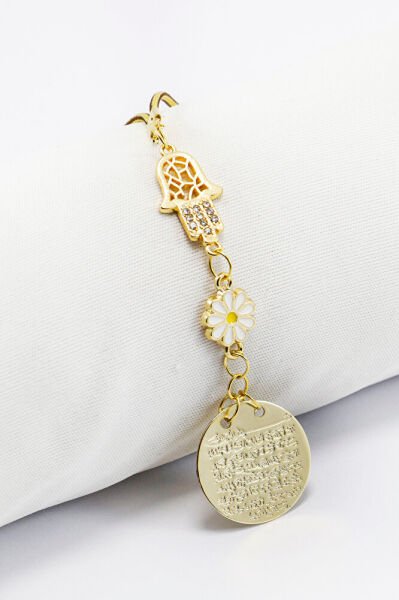 Shiny Stone Hamsa Hand Daisy Metal Ayetel Kursi Prayer Rearview Mirror Ornament, Car Gift