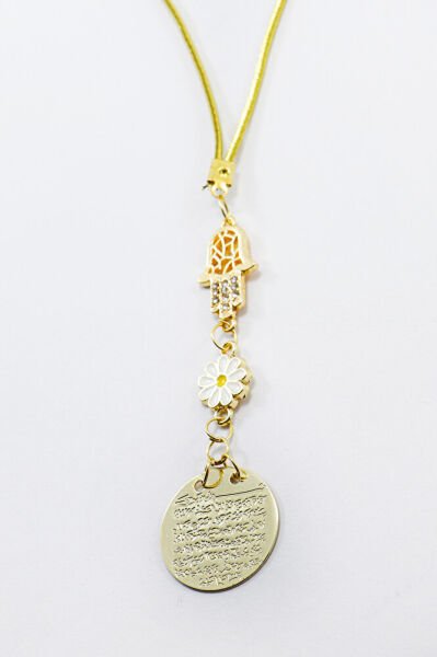 Shiny Stone Hamsa Hand Daisy Metal Ayetel Kursi Prayer Rearview Mirror Ornament, Car Gift