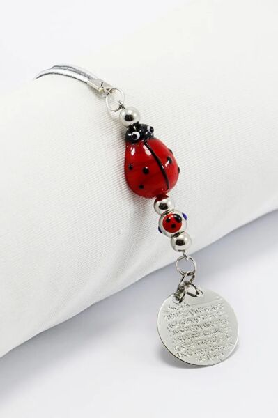 Handmade Red Glass Ladybug Metal Ayatel Kursi Prayer Rearview Mirror Ornament, Car Gift