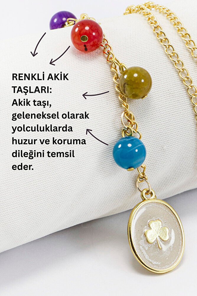 Doğal Taşlı Altın Kaplama Sedefli Yonca Araba Dikiz Ayna Süsü, Farklı Renklerde Akik Taşları