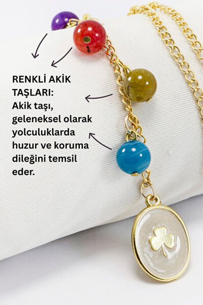 Doğal Taşlı Altın Kaplama Sedefli Yonca Araba Dikiz Ayna Süsü, Farklı Renklerde Akik Taşları