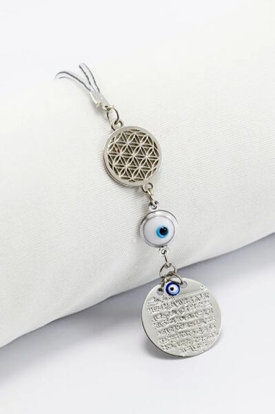 Flower of Life Framed White Evil Eye Beaded Metal Ayetel Kursi Prayer Rearview Mirror Ornament, Car Gift