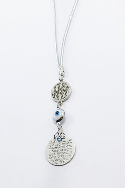 Flower of Life Framed White Evil Eye Beaded Metal Ayetel Kursi Prayer Rearview Mirror Ornament, Car Gift