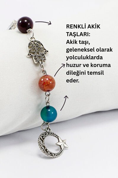 Doğal Taşlı Metal Hamse Fatma Ana Eli Hilal Araba Dikiz Ayna Süsü, Farklı Renklerde Akik Taşları