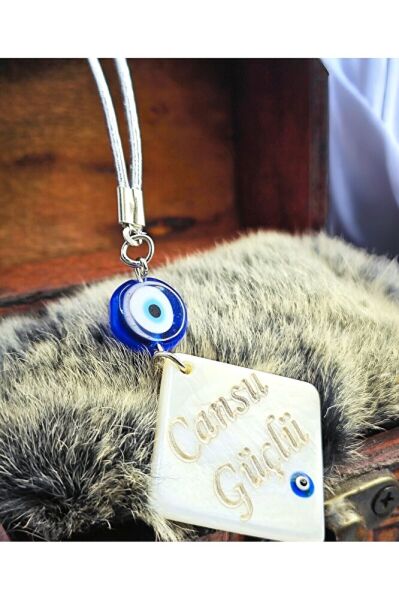 Kişiye Özel Araba Dikiz Ayna Süsü, Sedef Üzerine Lazer Baskı İsim Nazar Boncuklu Yeni Araba Hediyesi