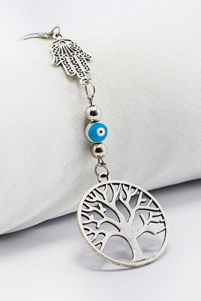 Gümüş Renkli Hamse Eli Nazar Boncuklu Metal Hayat Ağacı Araba Dikiz Ayna Süsü