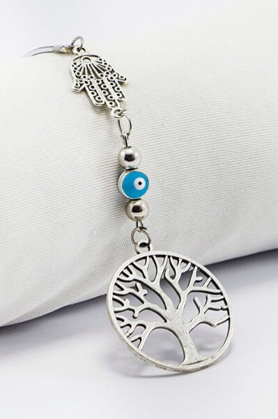 Gümüş Renkli Hamse Eli Nazar Boncuklu Metal Hayat Ağacı Araba Dikiz Ayna Süsü