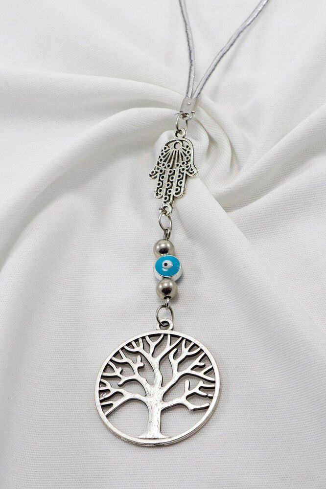 Gümüş Renkli Hamse Eli Nazar Boncuklu Metal Hayat Ağacı Araba Dikiz Ayna Süsü