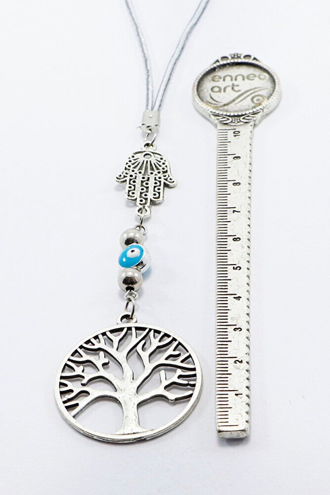 Gümüş Renkli Hamse Eli Nazar Boncuklu Metal Hayat Ağacı Araba Dikiz Ayna Süsü