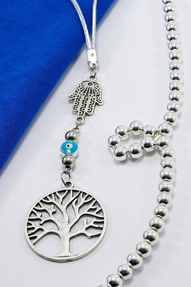 Gümüş Renkli Hamse Eli Nazar Boncuklu Metal Hayat Ağacı Araba Dikiz Ayna Süsü