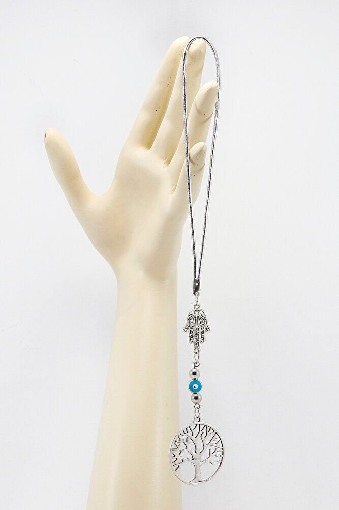 Gümüş Renkli Hamse Eli Nazar Boncuklu Metal Hayat Ağacı Araba Dikiz Ayna Süsü