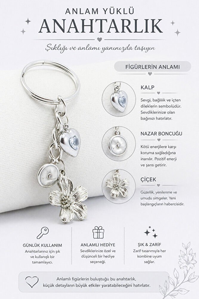 Gümüş Renkli Metal Çiçek Mineli Nazar boncuğu Taşlı Kalpli Anahtarlık, Hediyelik Çanta Süsü