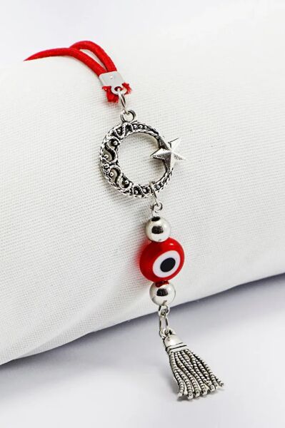 Desenli Ay Yıldızlı Püsküllü El Yapımı Kırmızı Cam Nazar Boncuğu Araba Dikiz Ayna Süsü