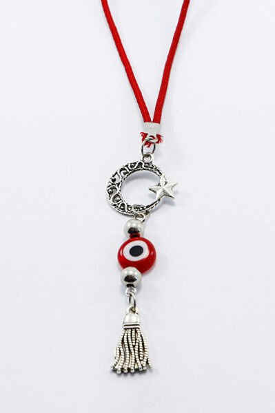 Desenli Ay Yıldızlı Püsküllü El Yapımı Kırmızı Cam Nazar Boncuğu Araba Dikiz Ayna Süsü