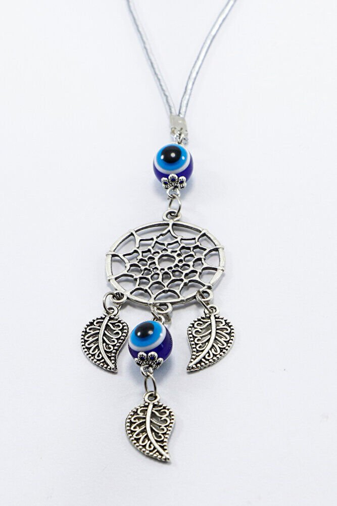 Gümüş Renkli, Nazar Boncuklu Salkım Yapraklı Düş Kapanı Figürlü Dikiz Ayna Süsü