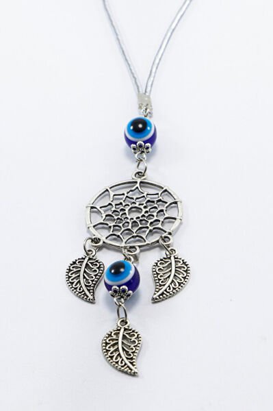 Gümüş Renkli, Nazar Boncuklu Salkım Yapraklı Düş Kapanı Figürlü Dikiz Ayna Süsü