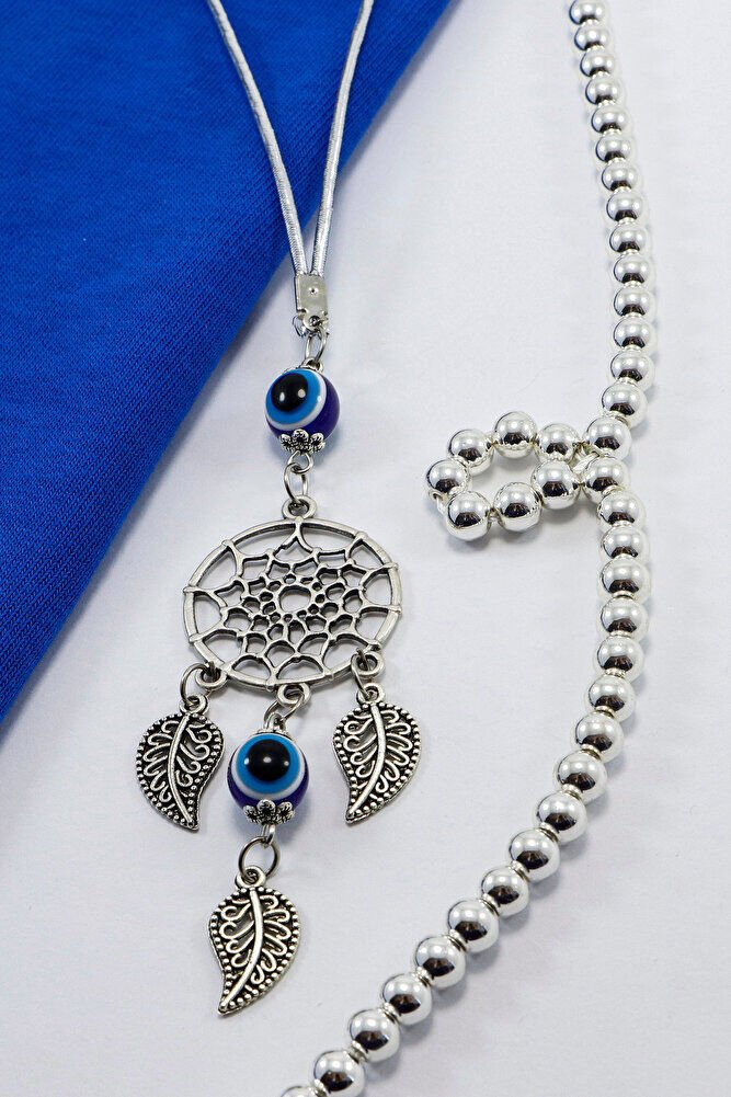 Gümüş Renkli, Nazar Boncuklu Salkım Yapraklı Düş Kapanı Figürlü Dikiz Ayna Süsü