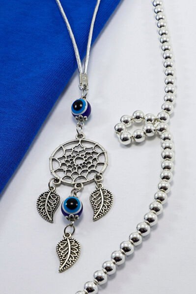 Gümüş Renkli, Nazar Boncuklu Salkım Yapraklı Düş Kapanı Figürlü Dikiz Ayna Süsü