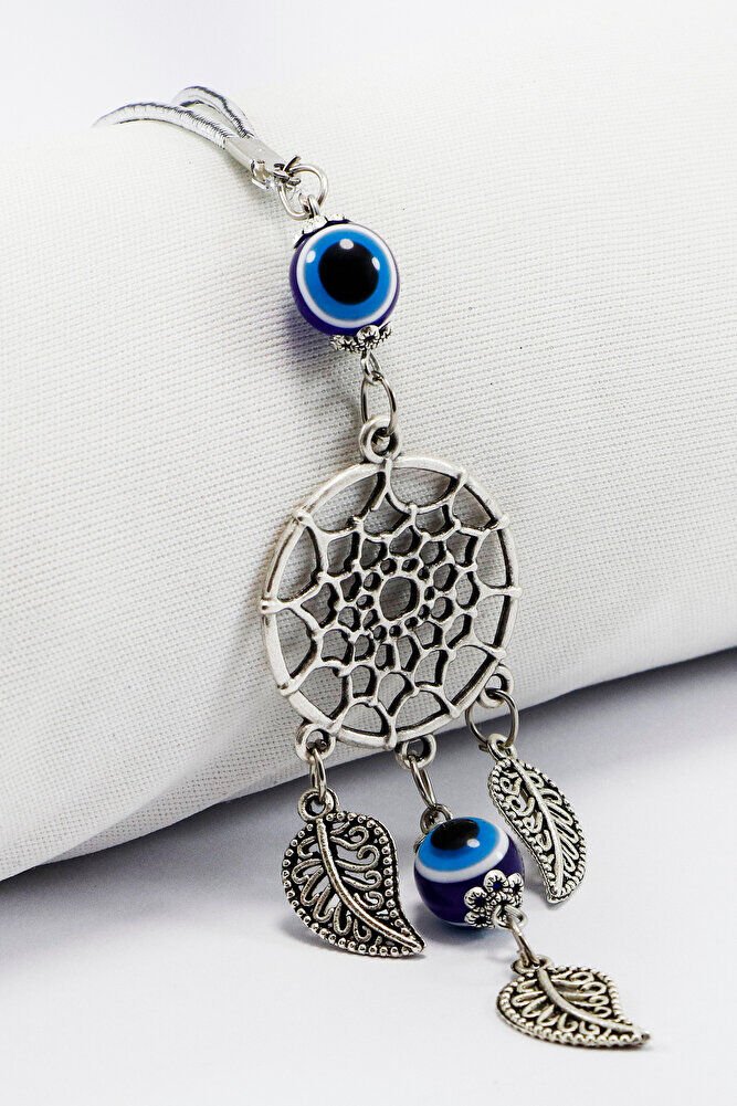 Gümüş Renkli, Nazar Boncuklu Salkım Yapraklı Düş Kapanı Figürlü Dikiz Ayna Süsü