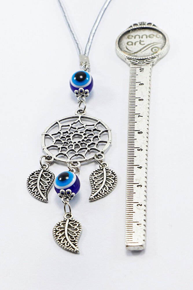 Gümüş Renkli, Nazar Boncuklu Salkım Yapraklı Düş Kapanı Figürlü Dikiz Ayna Süsü