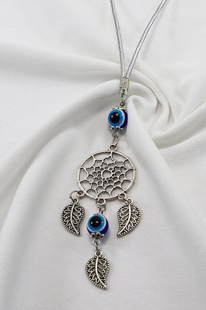 Gümüş Renkli, Nazar Boncuklu Salkım Yapraklı Düş Kapanı Figürlü Dikiz Ayna Süsü