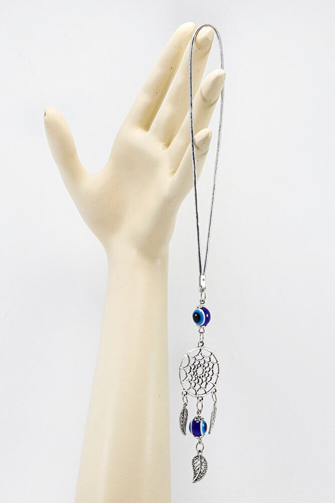 Gümüş Renkli, Nazar Boncuklu Salkım Yapraklı Düş Kapanı Figürlü Dikiz Ayna Süsü