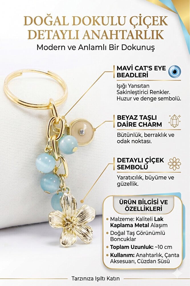 Metal Gözlü Gold Renkli Metal Çiçek Anahtarlık, Pastel Mavi Boncuklu Küçük Çanta Süsü