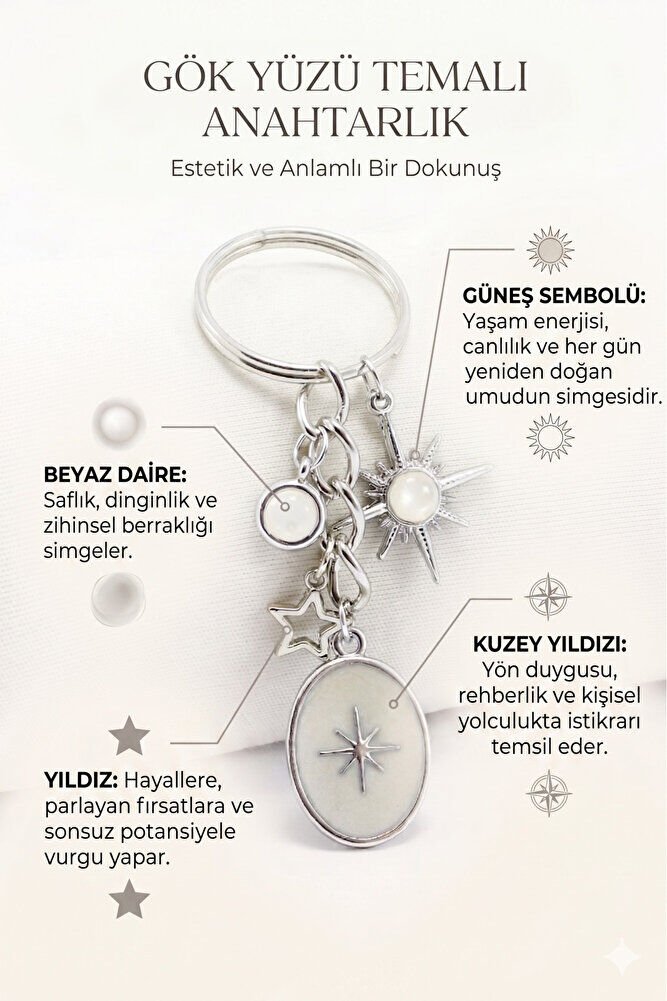 Gümüş Renk Detaylı Metal Kuzey Yıldızı Küçük Anahtarlık, Minik Çanta Süsü