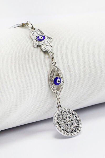 Parlak Taşlı Hamse Eli Zirkonlu Çiçek Motifli Araba Dikiz Ayna Süsü, Yeni Araba Hediyesi