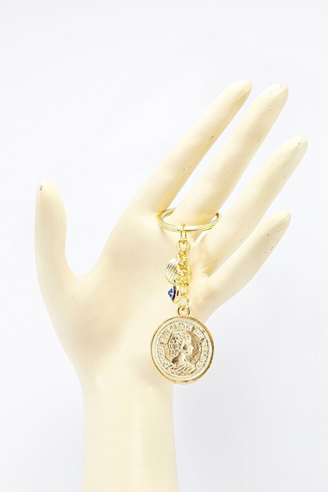 Nazar Boncuklu Gold Renkli Metal Kraliçe Parası Anahtarlık, Kalpli Güneşli Küçük Çanta Süsü