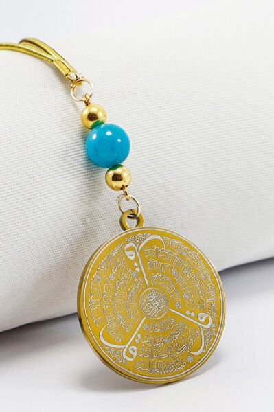 Turkuaz Doğal Taşlı Ayetel Kürsi Allah Lafzı Felak Nas İhlas Çelik Araba Ayna Süsü