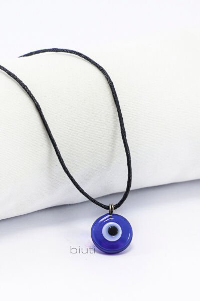 Deri İp Lacivert El Yapımı Cam 1,5cm Nazar Boncuğu Kolye
