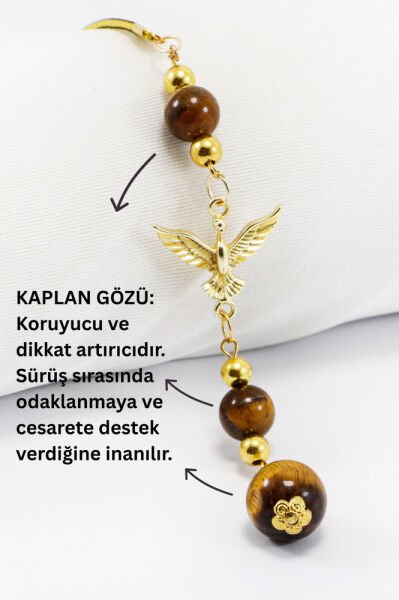 Doğal Taşlı Metal Uçan Kuş Araba Dikiz Ayna Süsü, Kaplan Gözü Taşlı Araba Hediyesi