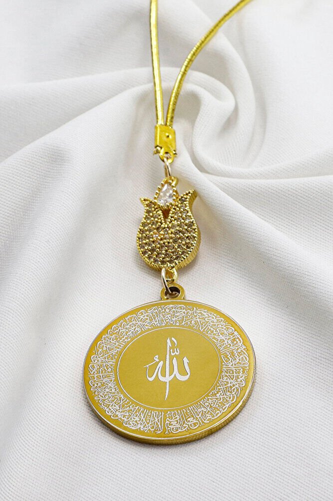 Zirkon Lale Gold Renkli Ayetel Kürsi Allah Lafzı Felak Nas İhlas Çelik Araba Ayna Süsü
