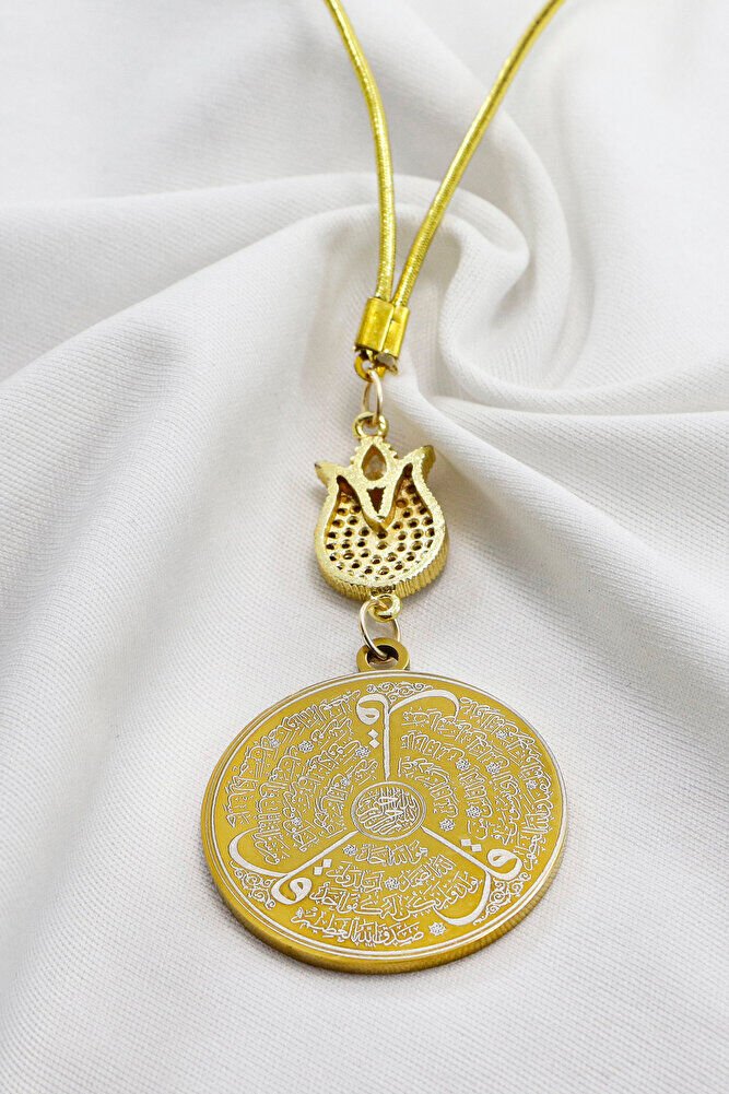 Zirkon Lale Gold Renkli Ayetel Kürsi Allah Lafzı Felak Nas İhlas Çelik Araba Ayna Süsü